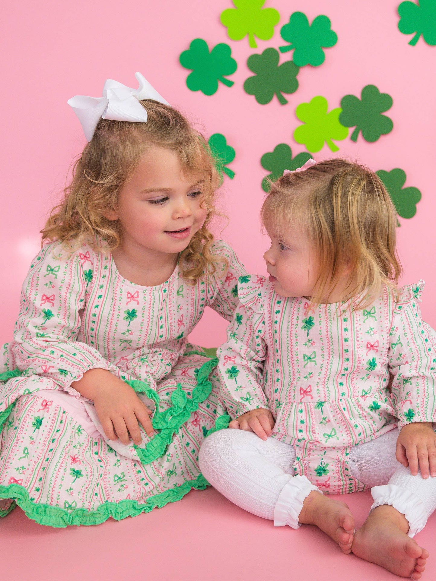 Baby Girls Clover Bows & Wishes Cotton Gauze Long Sleeve Flutter Bubble Romper